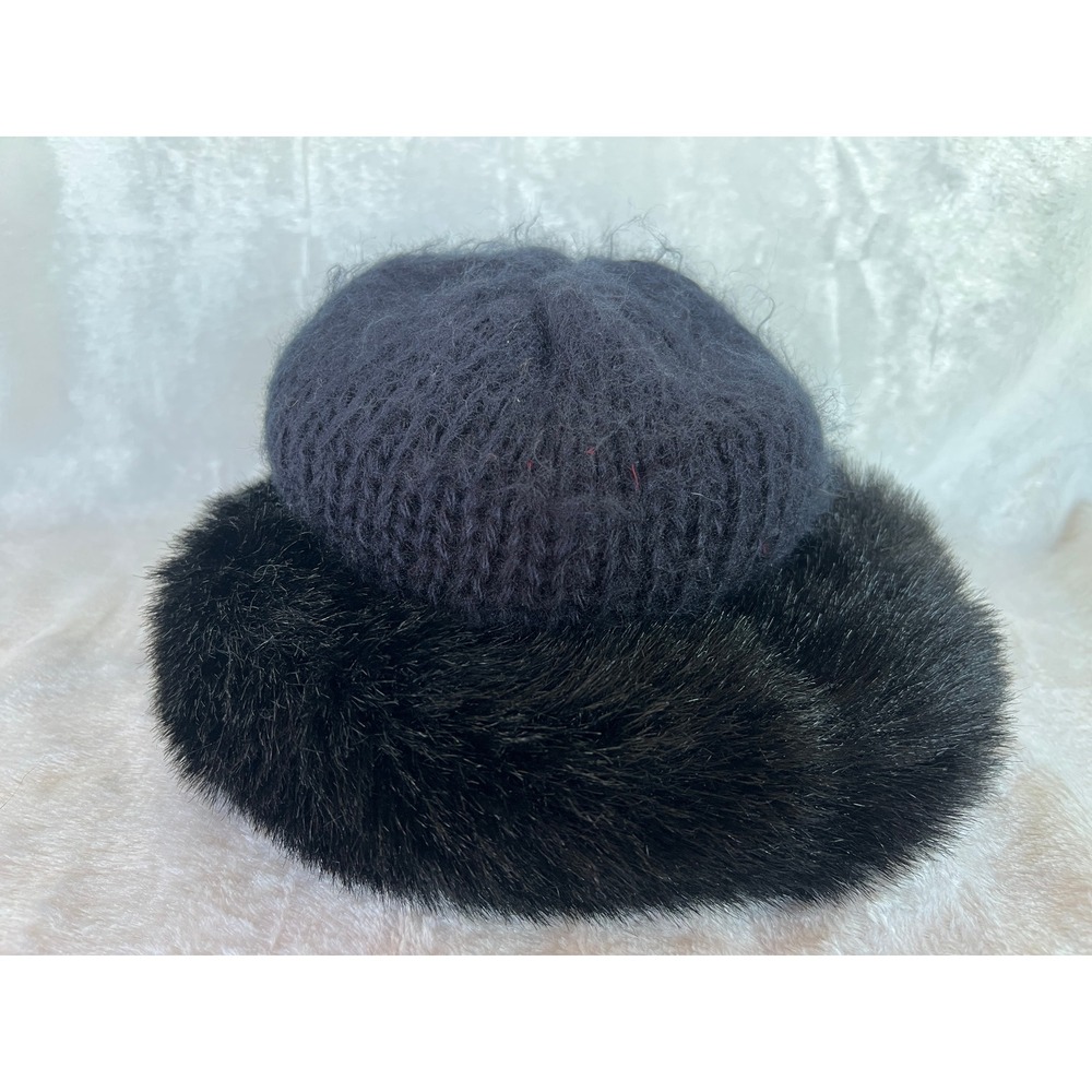Vintage Black Faux Fur Trim Knit Winter Hat Soft Plush Acrylic Blend USA